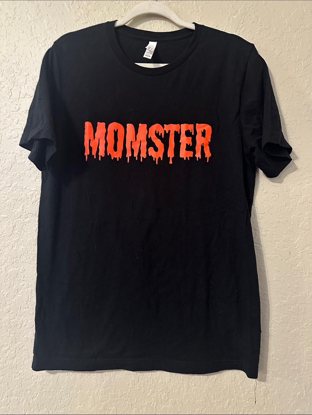 Black T-Shirt with Orange "MOMSTER" Graphic 1